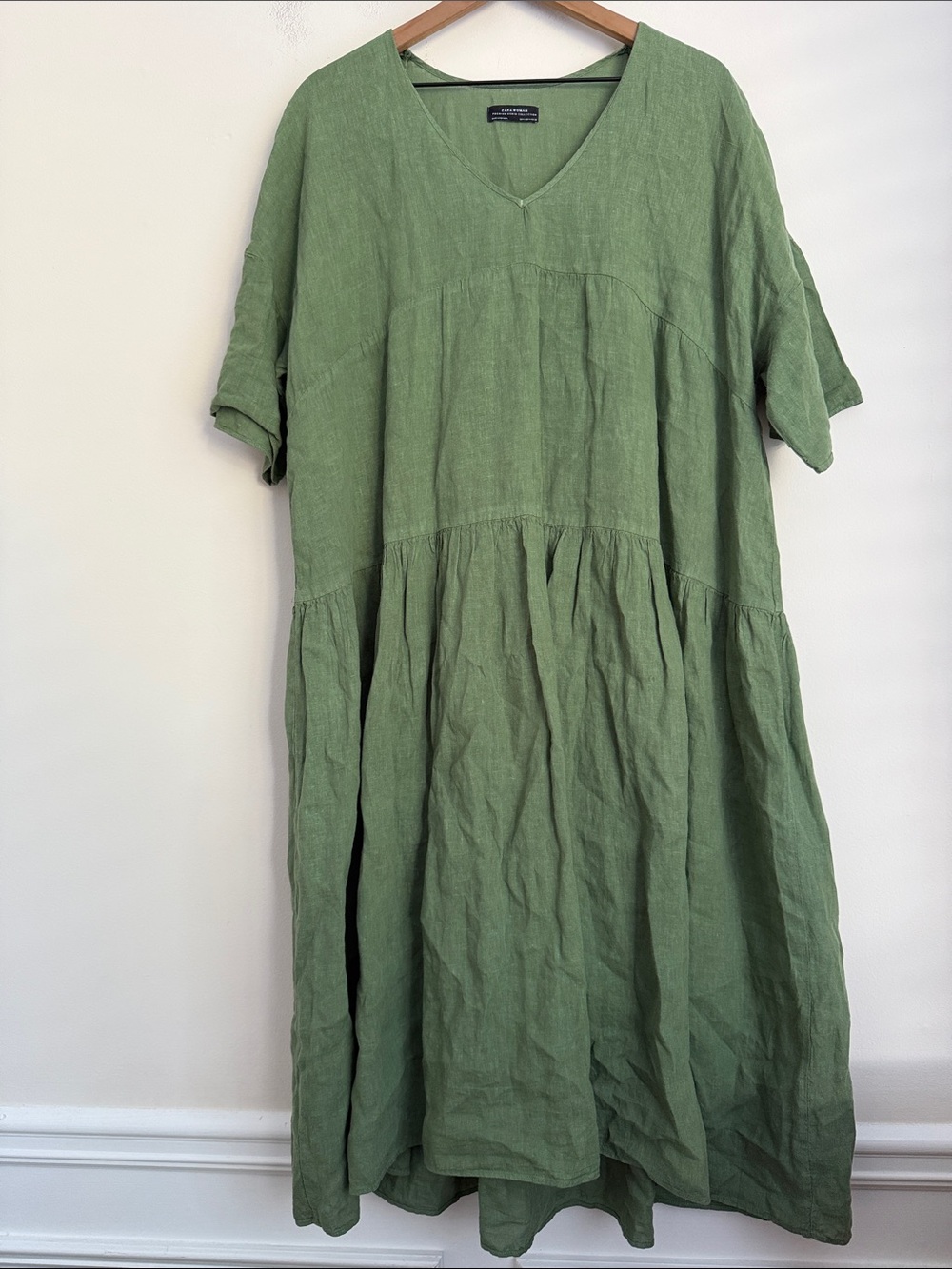 Zara 100% Linen green V-Neck Tiered midi Dress oversized boxy short sleeve M